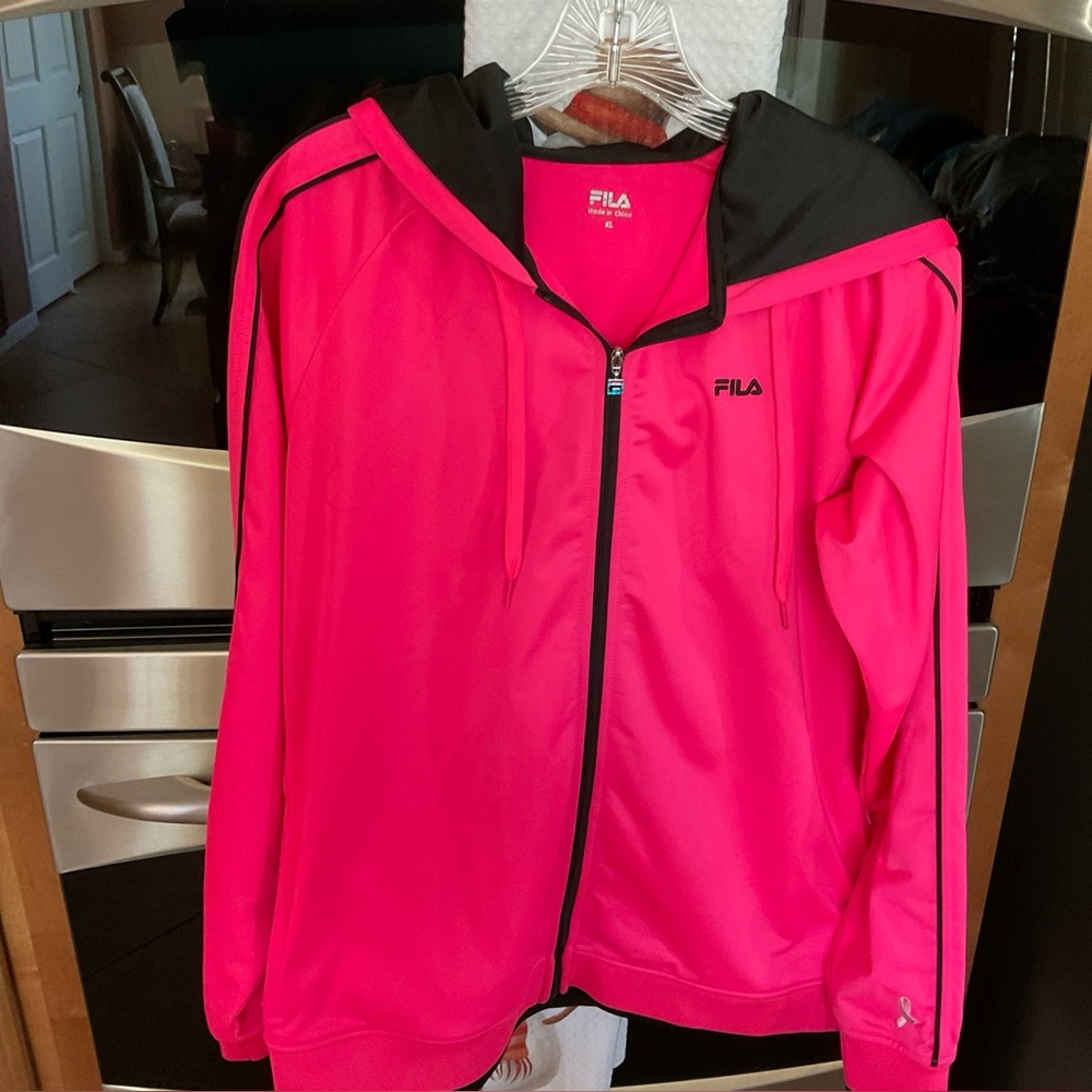Fila Pink and Black Zip-Up Hoodie, light lining, breast cancer awareness